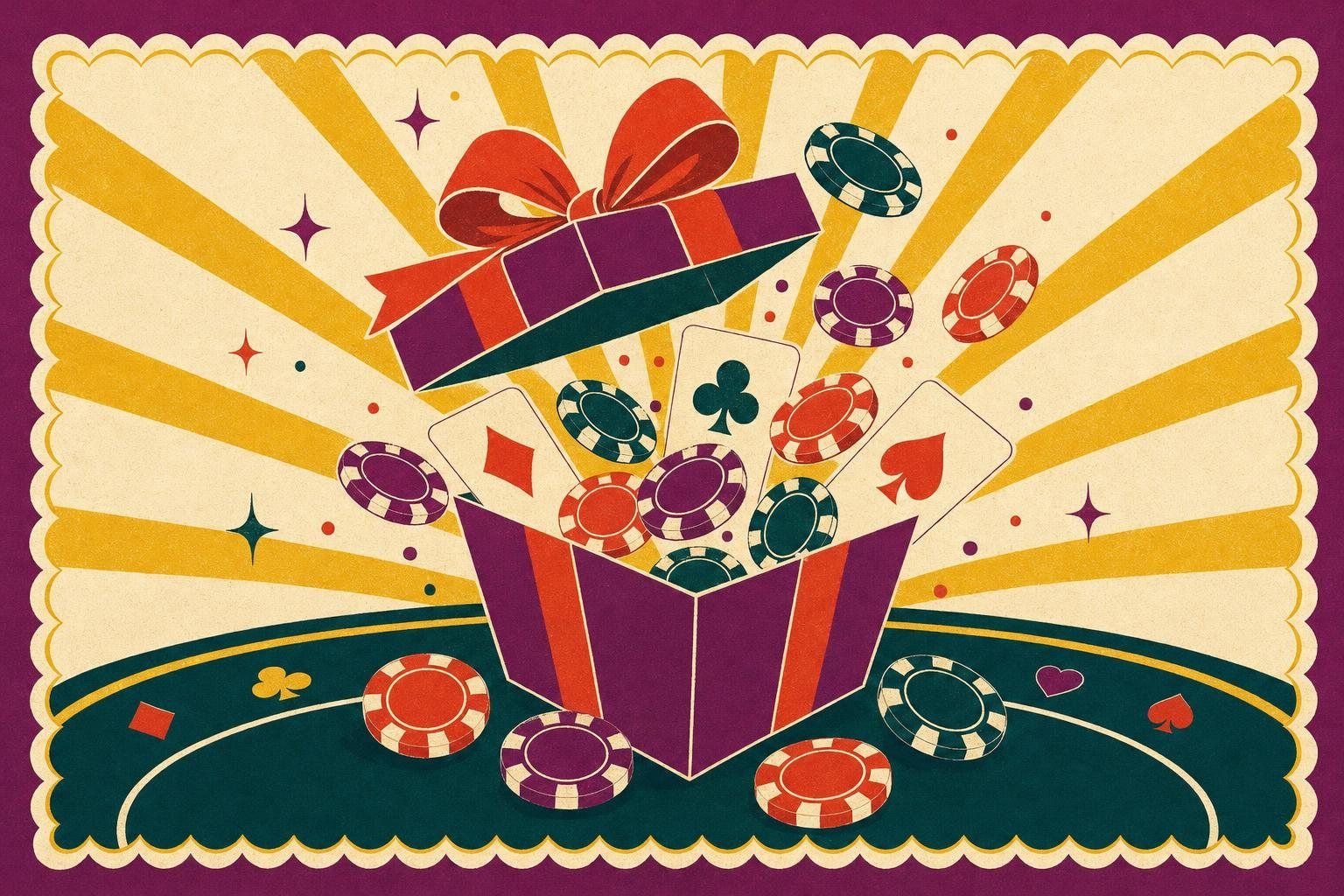 Ilustración: una caja de regalo abierta de la que saltan fichas y cartas sobre el tapete
