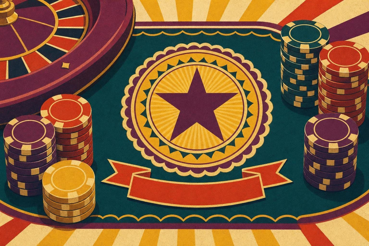 Ilustración: sello oficial con una estrella sobre una mesa de casino, entre fichas