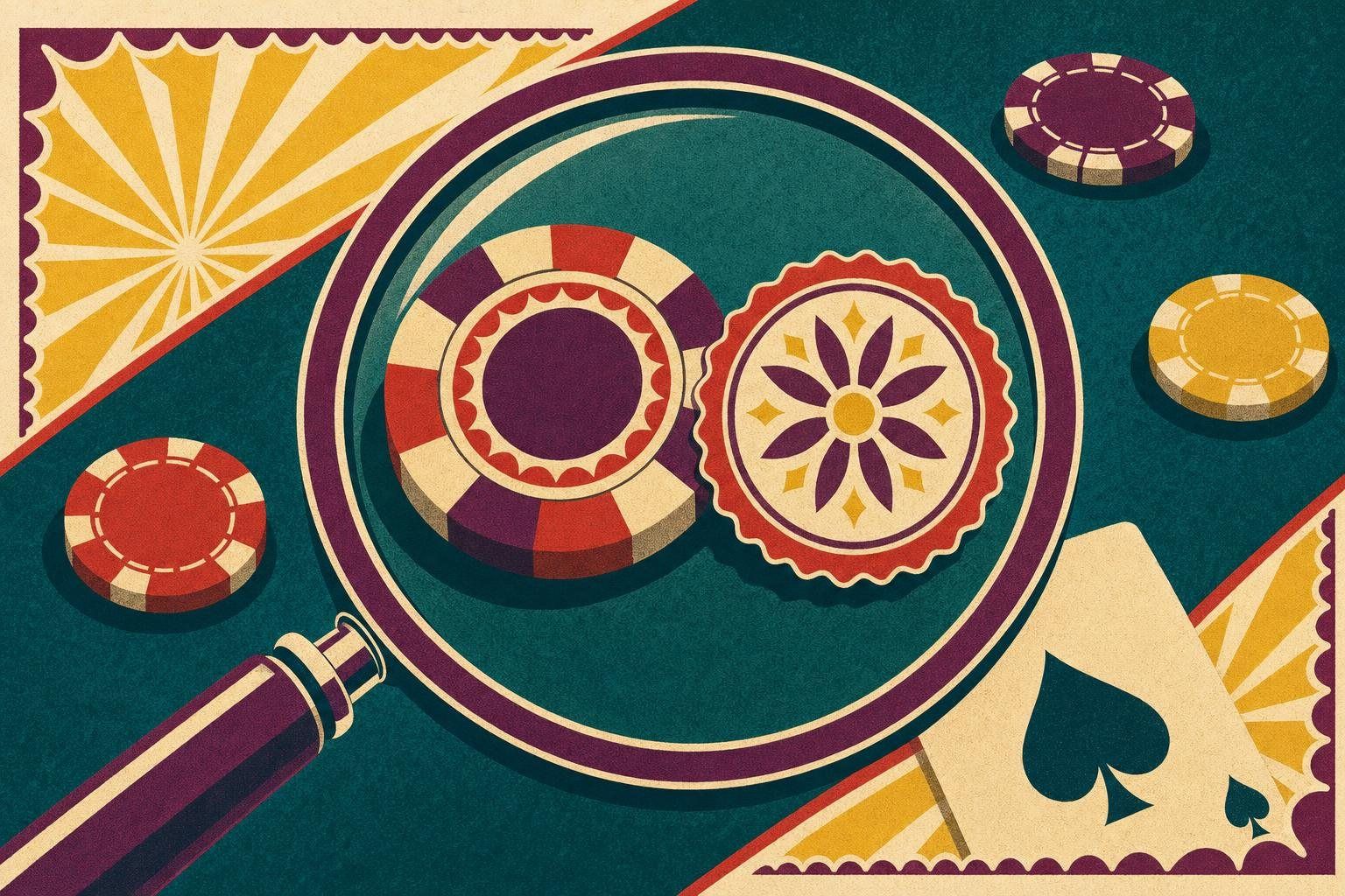 Ilustración: una lupa examina una ficha de casino y un sello sobre el tapete