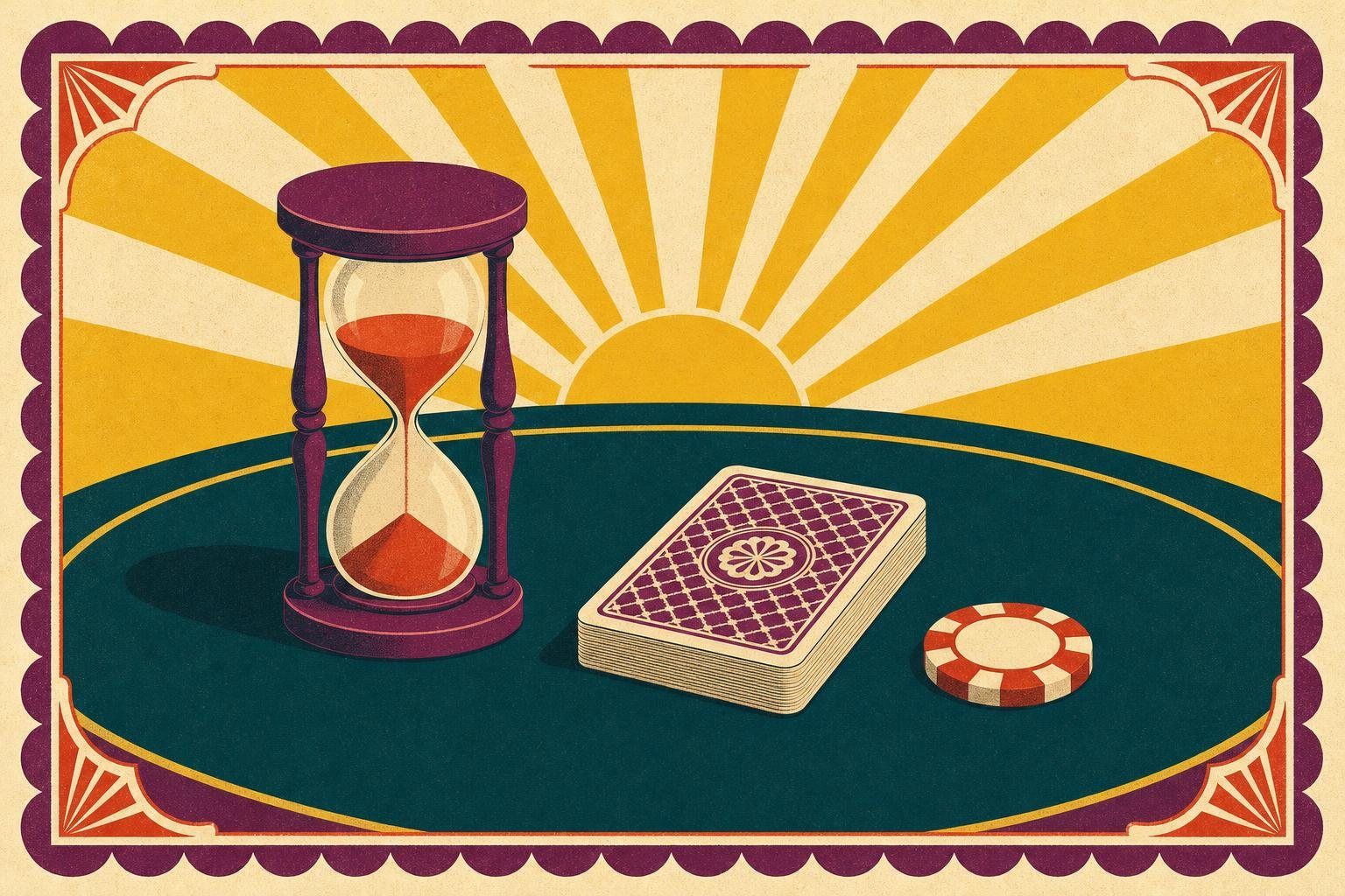 Ilustración: reloj de arena junto a una baraja cerrada y una sola ficha