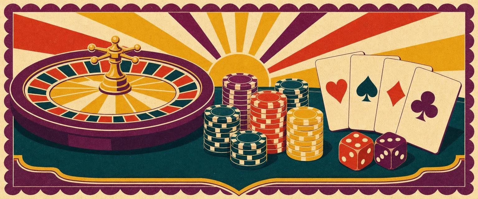 Ilustración serigrafiada: ruleta, fichas, cartas y dados sobre una mesa de casino